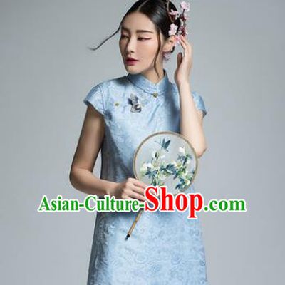 Chinese Traditional Tang Suit Blue Blouse China National Upper Outer Garment Shirt for Women