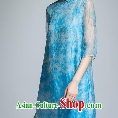 Chinese Traditional Tang Suit Blue Organza Cheongsam China National Qipao Dress for Women