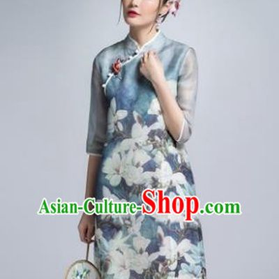 Chinese Traditional Tang Suit Printing Mangnolia Blue Cheongsam China National Qipao Dress for Women