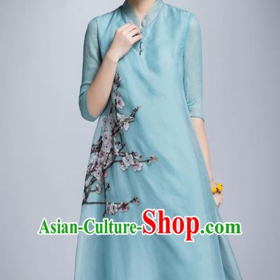 Chinese Traditional Tang Suit Printing Plum Blossom Blue Cheongsam China National Qipao Dress for Women
