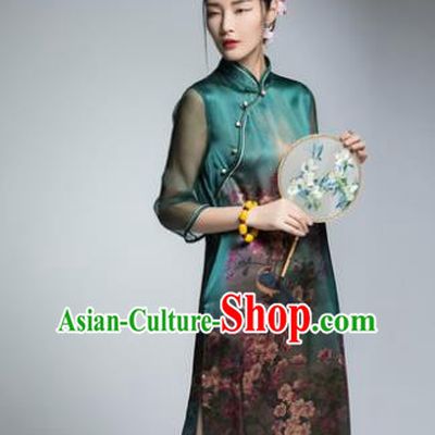 Chinese Traditional Tang Suit Printing Green Silk Cheongsam China National Qipao Dress for Women