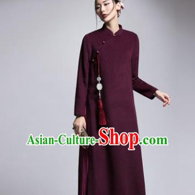 Chinese Traditional Tang Suit Purple Woolen Cheongsam China National Qipao Dress for Women