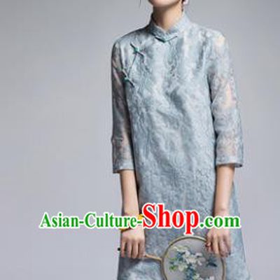 Chinese Traditional Tang Suit Blue Lace Cheongsam China National Qipao Dress for Women