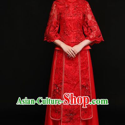 Traditional Chinese Embroidered Lace Xiuhe Suit Ancient Wedding Red Dress Toast Cheongsam for Women
