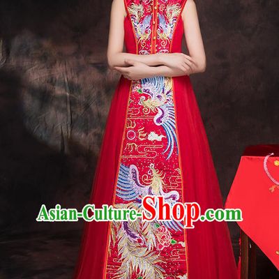 Traditional Chinese Embroidered Phoenix Xiuhe Suit Ancient Wedding Red Dress Toast Cheongsam for Women