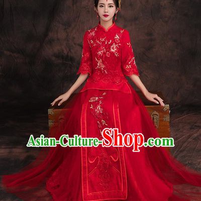 Traditional Chinese Embroidered Flowers Xiuhe Suit Ancient Wedding Red Dress Toast Cheongsam for Women