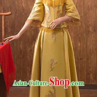 Traditional Chinese Embroidered Yellow Xiuhe Suit Ancient Wedding Dress Toast Cheongsam for Women