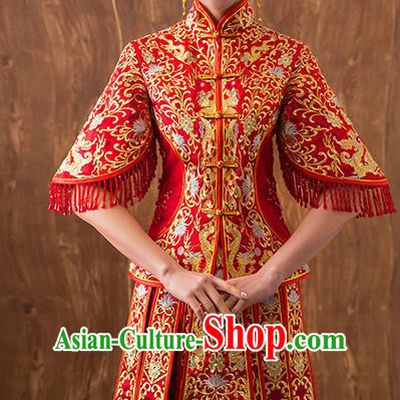 Traditional Chinese Embroidered Bottom Drawer Xiuhe Suit Ancient Wedding Dress Toast Red Cheongsam for Women