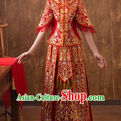 Traditional Chinese Ancient Embroidered Bottom Drawer Xiuhe Suit Wedding Dress Toast Red Cheongsam for Women
