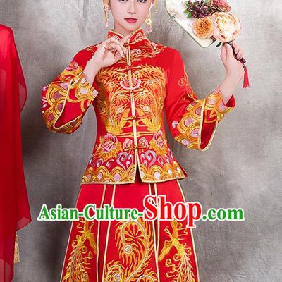 Traditional Chinese Ancient Bottom Drawer Embroidered Phoenix Xiuhe Suit Wedding Dress Toast Red Cheongsam for Women