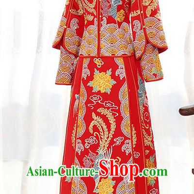Traditional Chinese Ancient Red Bottom Drawer Embroidered Diamante Xiuhe Suit Wedding Dress Toast Cheongsam for Women