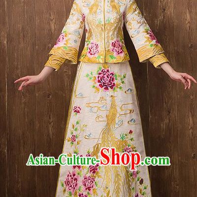 Traditional Chinese Ancient Yellow Toast Cheongsam Embroidered Peony Bottom Drawer Xiuhe Suit Wedding Dress for Women