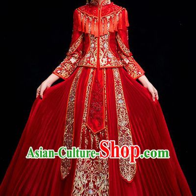 Chinese Traditional Wedding Embroidered Tassel Toast Costumes Ancient Bride Xiuhe Suit Clothing for Women