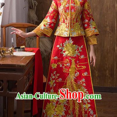 Traditional Chinese Ancient Red Toast Cheongsam Embroidered Peony Bottom Drawer Xiuhe Suit Wedding Dress for Women