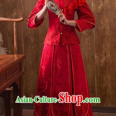 Traditional Chinese Ancient Red Bottom Drawer Embroidered Xiuhe Suit Wedding Dress Toast Cheongsam for Women