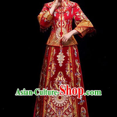 Chinese Traditional Wedding Red Embroidered Costume Ancient Bride Xiuhe Suit Clothing for Women