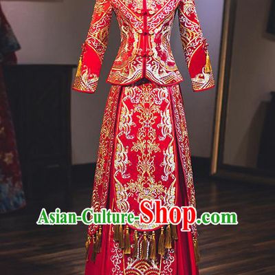Chinese Traditional Wedding Embroidered Red Bottom Drawer Costume Ancient Bride Xiuhe Suit Clothing for Women