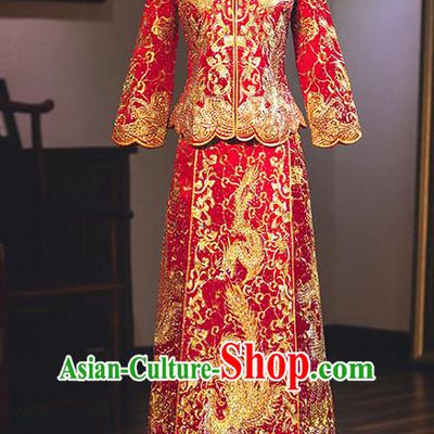 Chinese Traditional Toast Clothing Delicate Embroidered Wedding Dress Ancient Bride Longfeng Flown Xiuhe Suit for Women