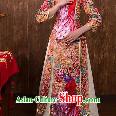 Chinese Traditional Embroidered Peacock Pink Xiuhe Suit Wedding Dress Ancient Bride Cheongsam for Women