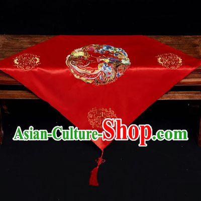 Chinese Traditional Wedding Head Cover Ancient Bride Embroidered Round Dragon and Phoenix Red Bridal Veil for Women