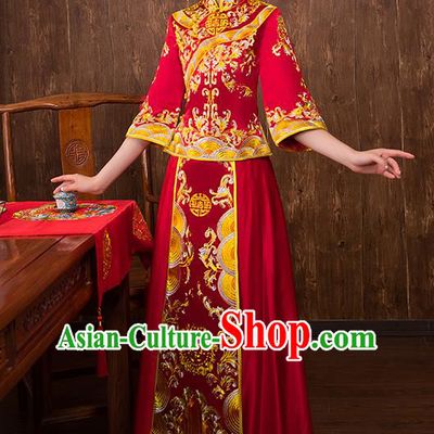 Chinese Traditional Embroidered Red Xiuhe Suit Wedding Dress Ancient Bride Cheongsam for Women