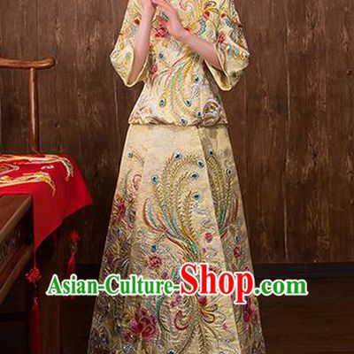 Chinese Traditional Embroidered Phoenix Bridal Golden Xiuhe Suit Wedding Dress Ancient Bride Cheongsam for Women
