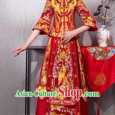Chinese Traditional Bridal Red Xiuhe Suit Embroidered Phoenix Wedding Dress Ancient Bride Cheongsam for Women