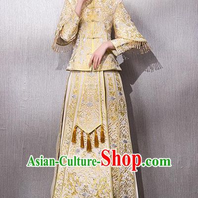 Chinese Traditional Bridal Golden Xiuhe Suit Embroidered Wedding Dress Ancient Bride Cheongsam for Women