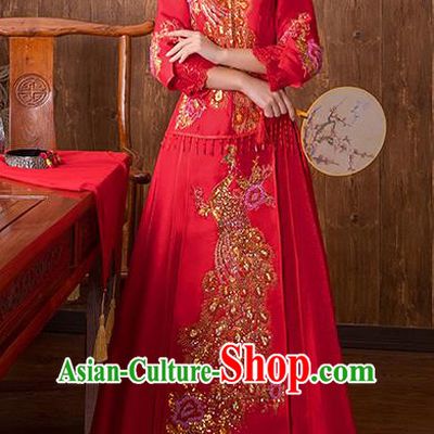 Chinese Traditional Bridal Red Xiuhe Suit Embroidered Phoenix Peony Wedding Dress Ancient Bride Cheongsam for Women