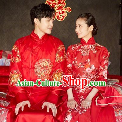 Chinese Traditional Embroidered Wedding Costume Ancient Bride and Bridegroom Xiuhe Suits Complete Set