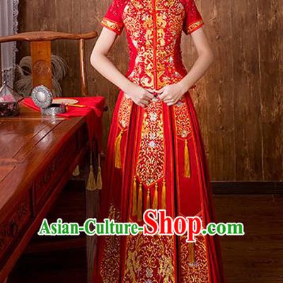 Chinese Traditional Embroidered Red Bottom Drawer Bridal Wedding Xiuhe Suit Ancient Toast Cheongsam for Women
