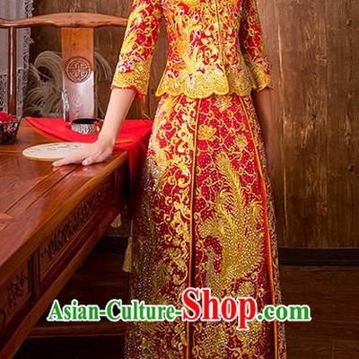 Chinese Traditional Embroidered Diamante Phoenix Bottom Drawer Bridal Wedding Xiuhe Suit Ancient Toast Cheongsam for Women