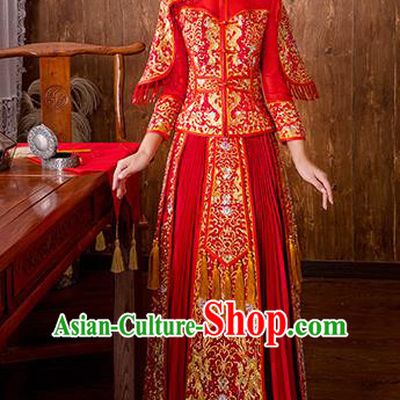 Chinese Traditional Embroidered Diamante Bottom Drawer Bridal Wedding Xiuhe Suit Ancient Toast Cheongsam for Women