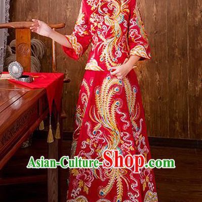 Chinese Traditional Embroidered Diamante Phoenix Bottom Drawer Bridal Wedding Xiuhe Suit Ancient Toast Cheongsam for Women