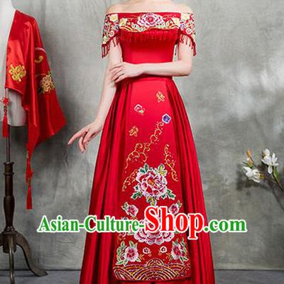 Chinese Traditional Embroidered Dress Bridal Wedding Xiuhe Suit Ancient Toast Cheongsam for Women