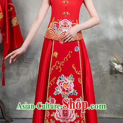 Chinese Traditional Embroidered Peony Bridal Red Xiuhe Suit Ancient Wedding Toast Cheongsam Dress for Women