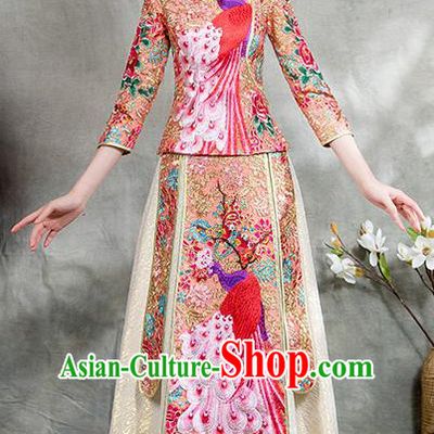 Chinese Traditional Embroidered Phoenix Bridal Pink Xiuhe Suit Ancient Wedding Toast Cheongsam Dress for Women