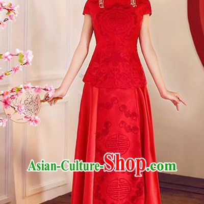 Chinese Traditional Embroidered Xiuhe Suit Ancient Wedding Short Sleeve Red Toast Cheongsam Dress for Women