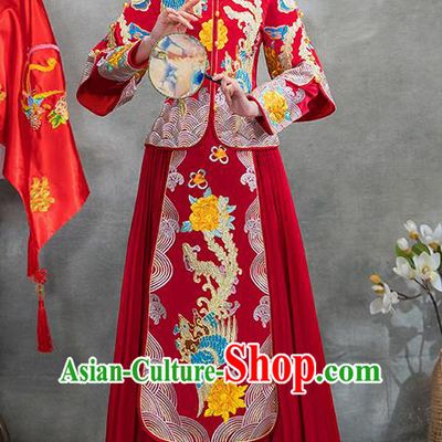 Chinese Traditional Embroidered Peony Phoenix Xiuhe Suit Ancient Wedding Red Toast Cheongsam Dress for Women