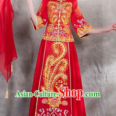 Chinese Traditional Embroidered Golden Phoenix Xiuhe Suit Ancient Wedding Red Toast Cheongsam Dress for Women