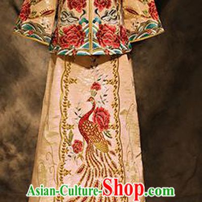 Traditional Chinese Toast Cheongsam Ancient Embroidered Phoenix White Bottom Drawer Xiuhe Suit Wedding Dress for Women
