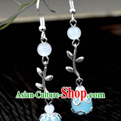 Chinese Traditional Ancient Earrings Accessories Hanfu Blue Bead Eardrop for Women