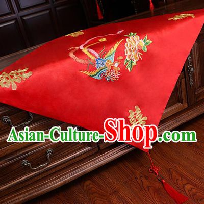 Chinese Traditional Wedding Hair Accessories Bride Embroidered Phoenix Peony Red Bridal Veil for Women