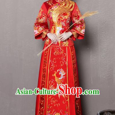 Chinese Traditional Xiuhe Suit Embroidered Phoenix Longfeng Flown Ancient Wedding Dress for Women