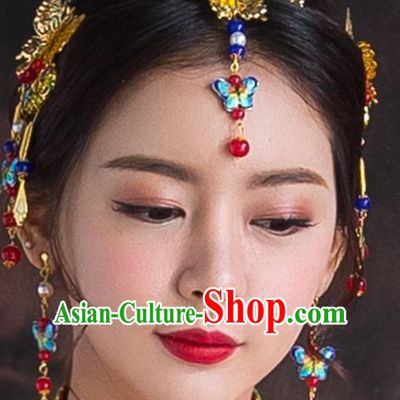 Chinese Traditional Wedding Hair Accessories Bride Blueing Butterfly Hairpins Complete Set for Women