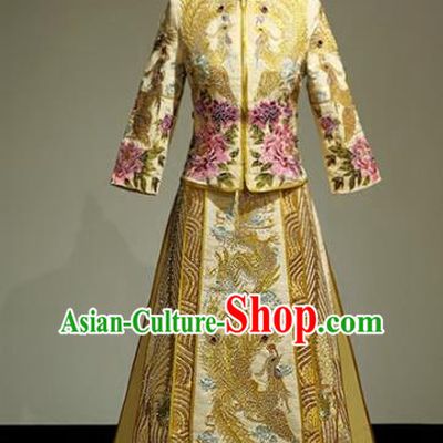 Chinese Traditional Wedding Golden Xiuhe Suit Ancient Longfeng Flown Bride Embroidered Cheongsam Dress for Women
