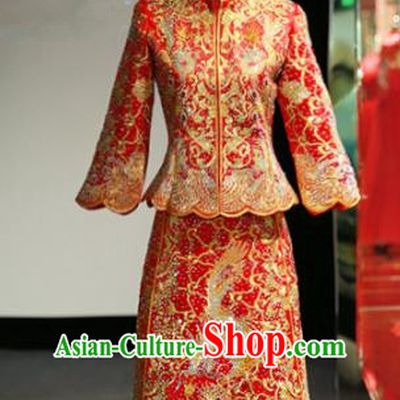 Chinese Traditional Wedding Crystal Xiuhe Suit Ancient Longfeng Flown Bride Embroidered Cheongsam Dress for Women