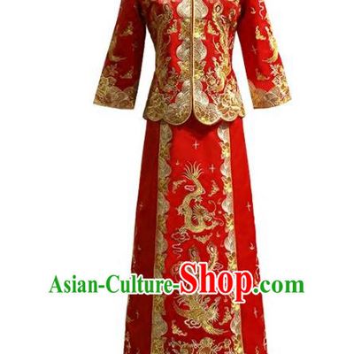 Chinese Traditional Wedding Red Xiuhe Suit Ancient Longfeng Flown Bride Embroidered Cheongsam Dress for Women