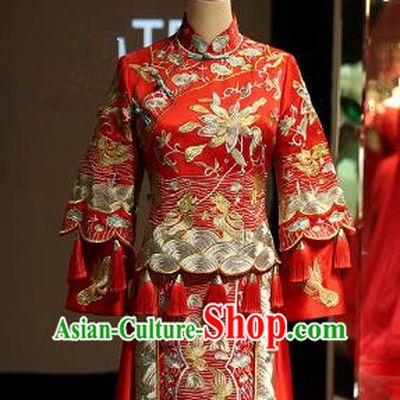 Chinese Traditional Bride Red Xiuhe Suit Ancient Longfeng Flown Embroidered Wedding Cheongsam Dress for Women