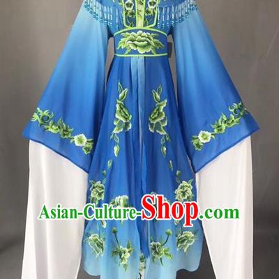 Chinese Peking Opera Actress Blue Dress Traditional Beijing Opera Rich Lady Embroidered Costumes for Adults